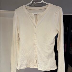 Cream Ribbed Button-Front Long Sleeve Top